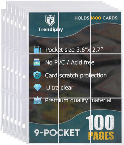 1800 Pockets Trading Card Sleeves, Premium 9-Pocket 100 Pages, Double-Sided Baseball Binder Sleeves, Protectors Binder Sheets for TCG Card Storage - Fits 3 Ring Binder (100 Sheets)