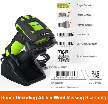 Alacrity 2D Industrial Wireless Barcode Scanner with Charging Stand, Bluetooth Drop Resistant, 1968 Feet Transmission Distance 433Mhz QR 1D Bar Code Reader