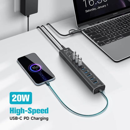 Powered USB Hub, 11-Port ikuai Hybrid USB 3.2/ USB C Hub with PD Charging Port and 60W Power Adapter, Aluminum USB Splitter Including 3 10Gbps Ports and 7 USB 3.0 Ports for PC, Laptop and More