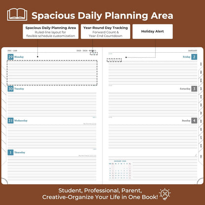 Weekly Monthly 2026 Planner (Jan.26-Dec.26),8.5"x6.5",12 Months Agenda Plan with Month Tabs & Pocket,Expenses/Note Pages, Appointment Book Calendar with Hardcover Vegan Leather Cover,Brown