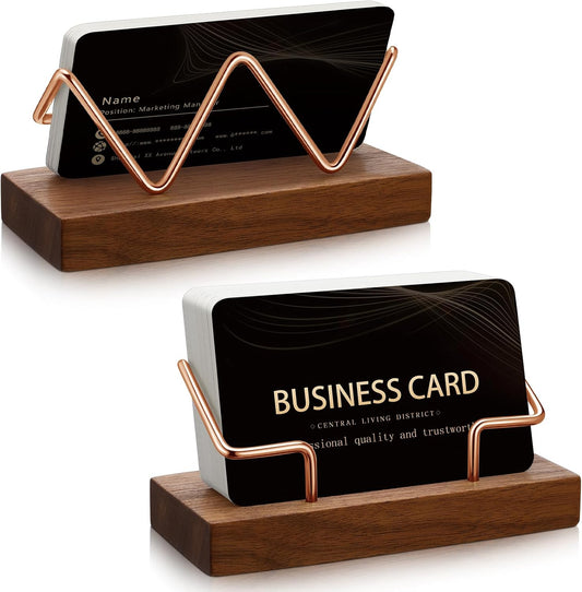 Amyhill 2 Pieces Wood Business Card Holder for Desk Wooden Business Card Display Stand Postcard Holder for Office Home Desktop (Wood Color, Rose Gold)