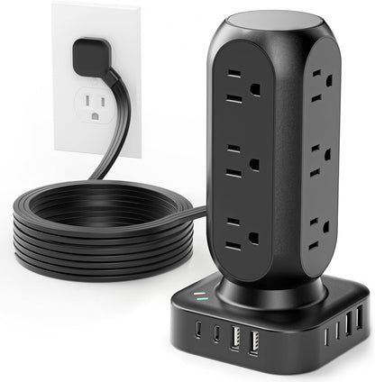 Tower Surge Protector Power Strip,12 AC Outlets & 8 USB Ports, Flat Plug 5FT Extension Cord with Multiple Outlets, 24W Outlet Extender Overload Protection for Home Office Room