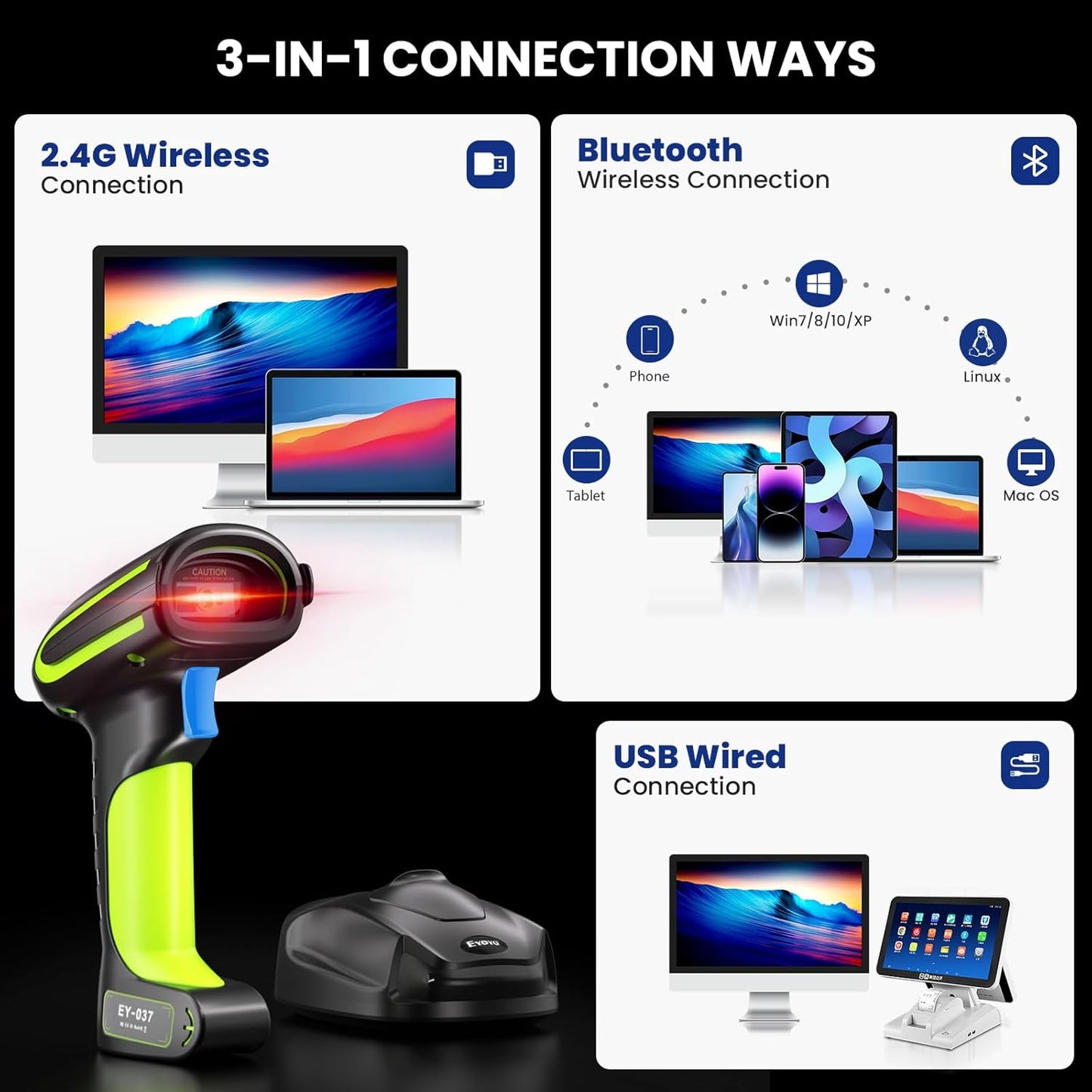 Eyoyo 1D 2D QR Industrial Bluetooth Barcode Scanner with Wireless Charging Stand, Rugged & IP65 Waterproof, Cordless & USB Wired Hands-Free Handheld Bar Code Scanner Reader for Laptop Desktop Android