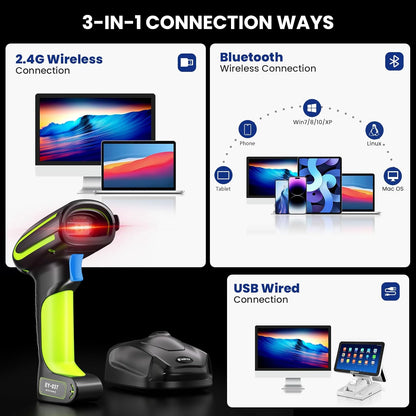 Eyoyo 1D 2D QR Industrial Bluetooth Barcode Scanner with Wireless Charging Stand, Rugged & IP65 Waterproof, Cordless & USB Wired Hands-Free Handheld Bar Code Scanner Reader for Laptop Desktop Android