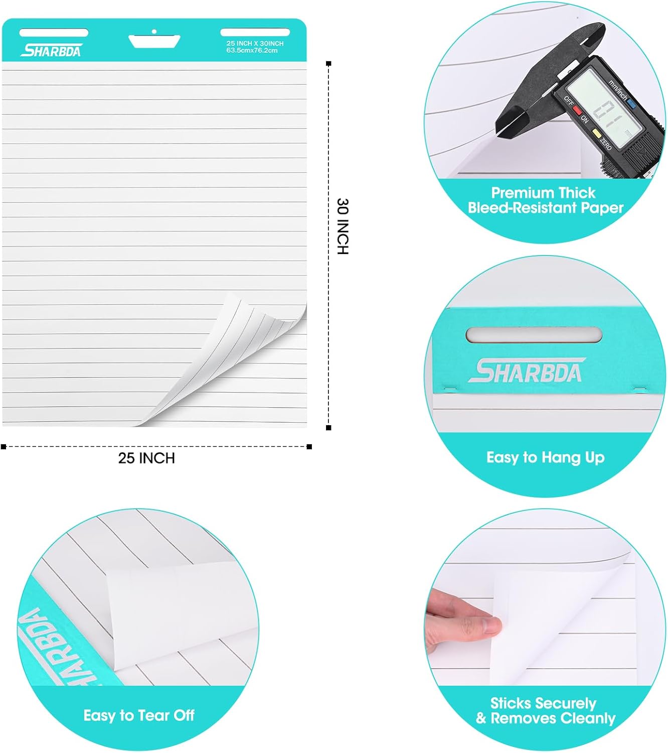 Lined Sticky Easel Pad, 25 in x 30 in,Flip Chart Paper,Sticky Chart Paper for Teachers, Large Self-Stick Easel Paper,Super Sticky & Bleed-Resistant,30 Sheets/Pad,2 Pads
