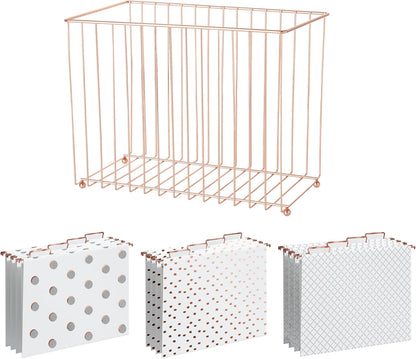 Y YOMA 1 Pack Rose Gold Desktop Hanging File Organizer | 12 Pack Rose Gold Hanging File Folders with Tabs & Insert | Letter Size Metal File Kit for Desk Home Office, I Shaped