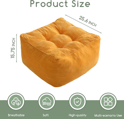 HIGOGOGO Square Stuffed Pouf Ottoman, Corduroy Poufs with Foam Chunk Filling, Furry and Fluffy Pouf Foot Stool Storage Ottoman, 25.6 X 25.6 Floor Poufs Foot Rest for Living Room, Orange