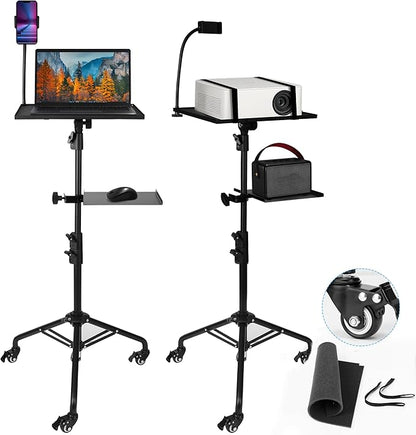 Projector Stand Tripod – 24 to 59 Inch Adjustable Height – Dual Shelves Laptop Tripod Stand with Moveable Wheels and Phone Holder, Portable Laptop Stand for Office, Stage & Outdoor Use