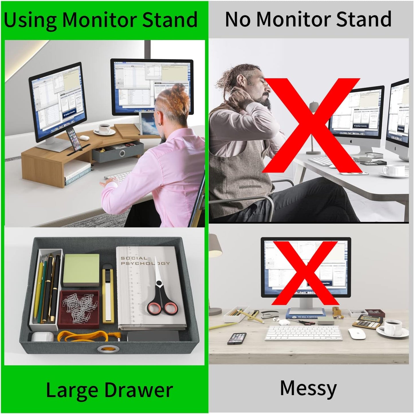 WESTREE Dual Monitor Stand Riser with Drawer - Adjustable Length and Angle, 2 Phone Hold, Desktop Organizer for Computer/Laptop/PC/Printer