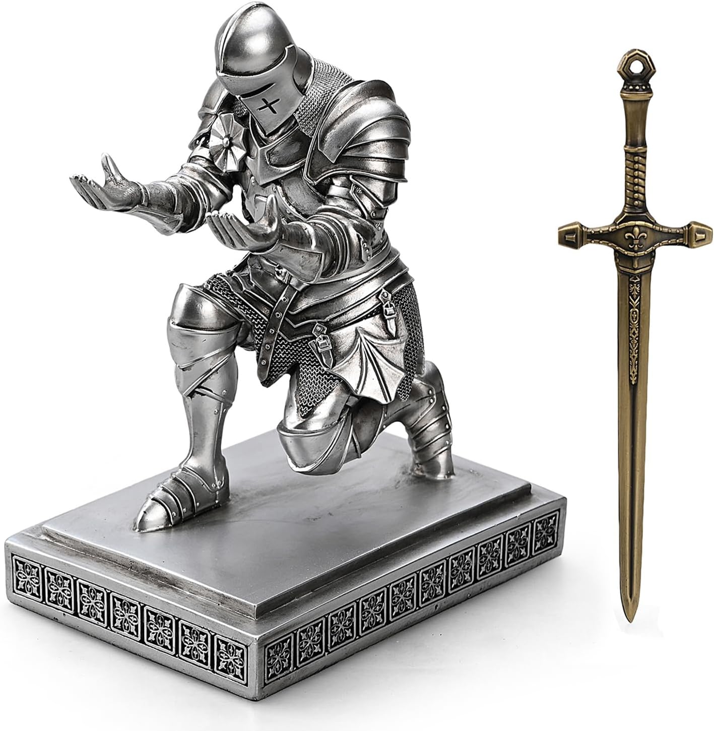 Medieval Armored Warrior Knight Pen Holder Desk Organizers and Accessories Resin Pencil Holder Paperweight as Gift with a Cool Letter Opener for Desk (Silver)