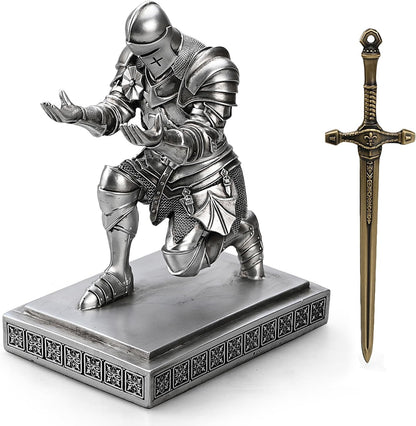 Medieval Armored Warrior Knight Pen Holder Desk Organizers and Accessories Resin Pencil Holder Paperweight as Gift with a Cool Letter Opener for Desk (Silver)