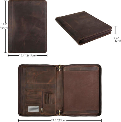 Handmade Genuine Leather Portfolio Organizer for IPad/Document, Business Padfolio with A4 Leather Notepad Holder, Leather Compact Folder Conference Portfolio for Men and Women, Dark Khaki