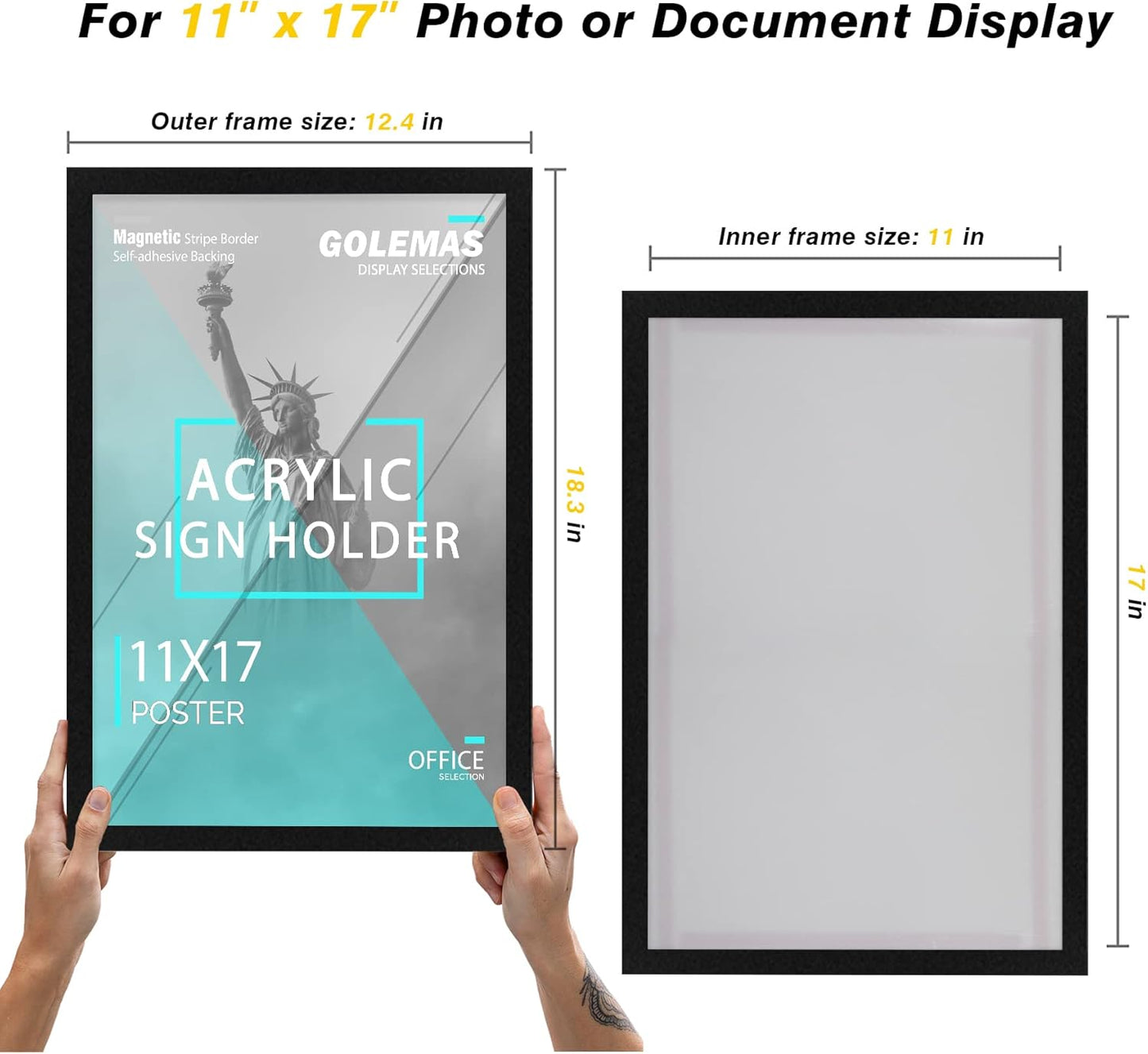 Acrylic Magnetic Sign Holder, Easy-Opening 11 x 17 Wall Mount Display Frames, Self Adhesive Back Plastic Clear Document Frame, Horizontal & Vertical Display (Black, 12Pack)