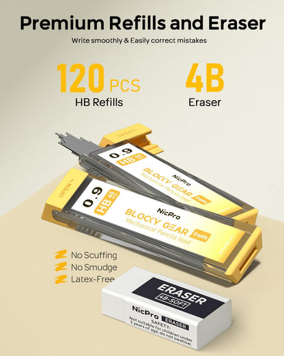 Nicpro Blocky Gear 0.9 mm Mechanical Pencils Set in Case, Metal Pencil with 0.9mm HB Lead Refills, Eraser for Professional & Adult Art Writing Drafting Drawing