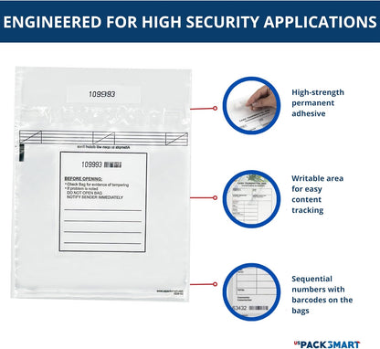 Clear Bank Deposit Bags 8.5"x8" 100-pack | Secure Bank Cash Transmittal Envelopes for Cash, Coins, Credit Cards, Checks, and More | Numbered, Self-Sealing, and Permanent Adhesive