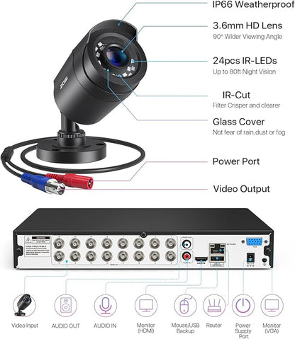 ZOSI 3K Lite 16Channel Security Camera System,AI Human/Vehicle Detection,Night Vision,Remote Access,16pcs 1080P Outdoor Surveillance Bullet Cam,H.265+ 1080p 16CH DVR with 2TB HDD for 24/7 Recording