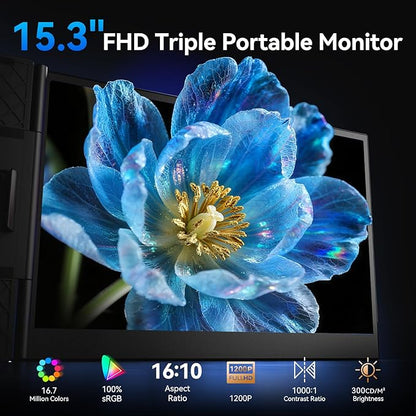15.3" Laptop Screen Extender, 1200P FHD Ultra-Thin Triple Screen Laptop Monitor Extender, 100%sRGB Travel Portable Monitor for Laptops, Multi Screens Laptops Attachment Compatible with Windowss Mac