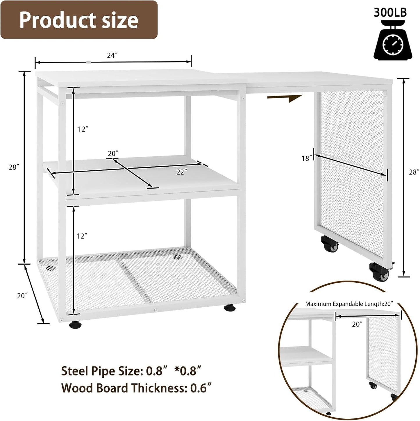 Natwind 24''x20''x29'' Large Printer Stand with Storage Shelves,Extendable Home Craft Table,Home Office Organization Desk, Versatile Table for Home Office, Kitchen, Study Room, Living Room (White)