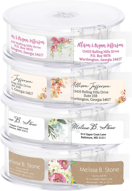 Bright Watercolor Floral Rolled Address Labels / 5 Vibrant Flower Bouquet Designs/Roll of 500 Personalized Address Labels/Designer Return Address Stickers in Elegant Plastic Dispenser
