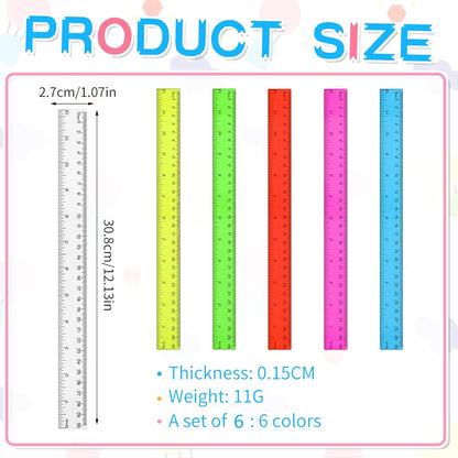 Zonon 6 Pcs 12 Inch Ruler Bulk Plastic Flexible Straight Metric Rulers with Centimeters and Inches Drafting Measuring Tool for Classroom School Students Education(Colorful)