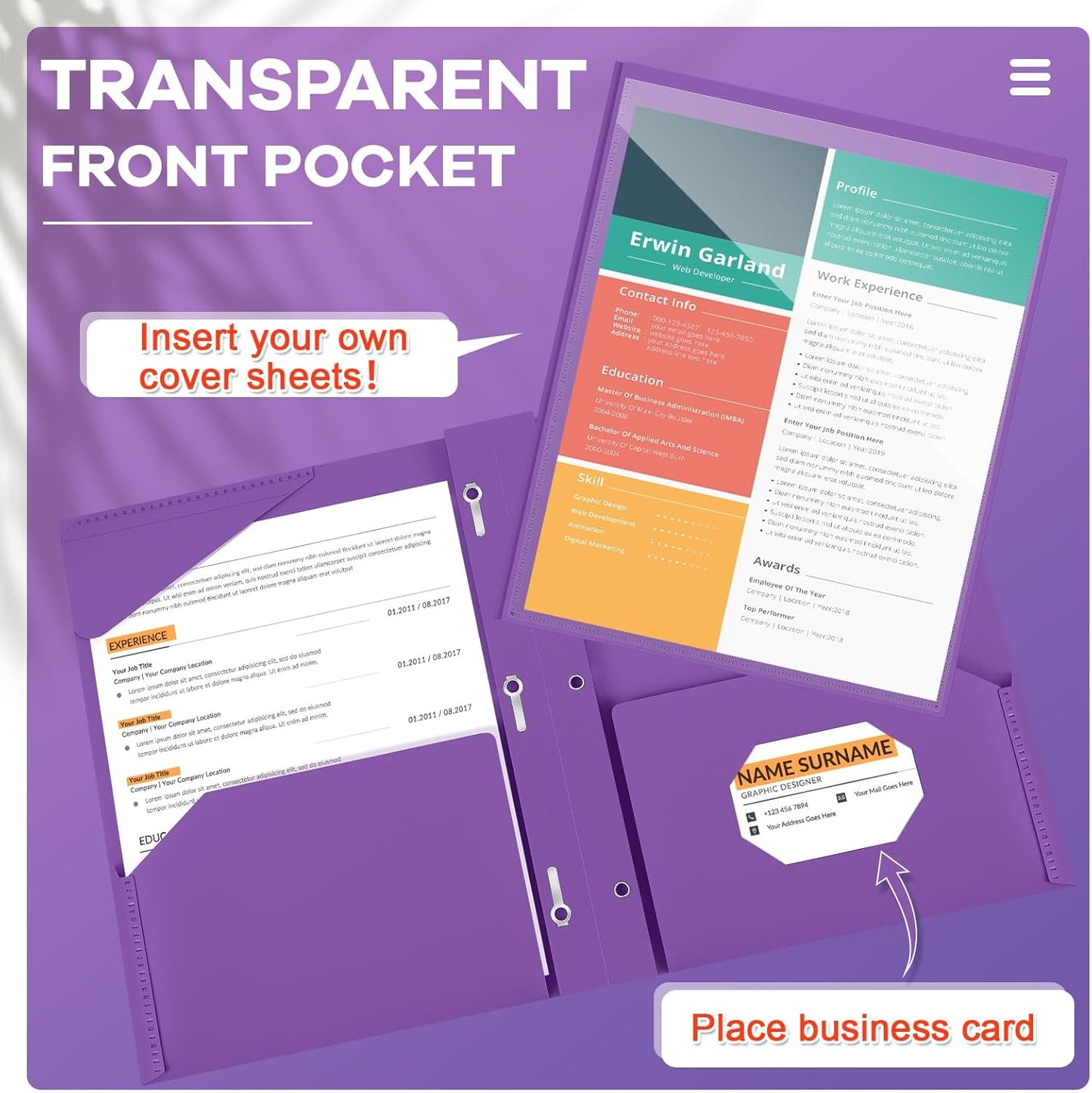 Henoyso 18 Pcs Plastic Folder with Clear Front Pocket and 3 Prong Plastic Folders with Card Slot Pocket Folders with Prongs for School Office (Purple)