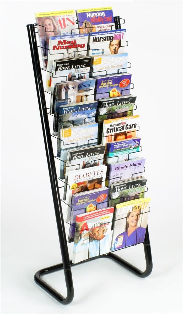 Displays2go 57" Floor-Standing Wire Magazine Rack, 20 Pockets, Tiered Design - Black
