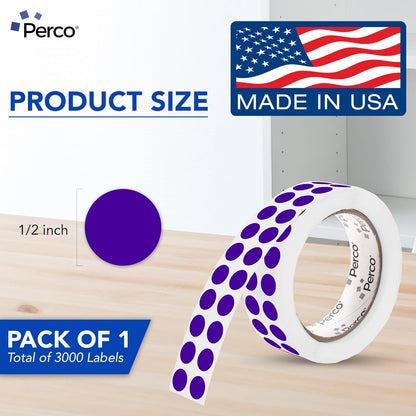 Perco Purple 1/2-Inch Round Circle Dot Sticker Labels with Permanent Adhesive - 3,000 Labels per Roll - Vibrant Colors, Strong Adhesion - Made in USA