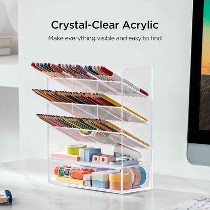 HBlife Acrylic Pen Desk Organizer with Drawer, Clear Vertical Marker Organizer with 11 Compartments, Angled Large Stationary Pencil Display Holder, Art Supplies Organizer for Desk, School and Home