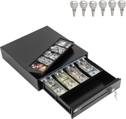 HK SYSTEMS 13inch Heavy Duty POS Cash Drawer with 4Bill/5Coin, Removable Coin Compartment, 24V, RJ11, Single Large Media Slot, Black