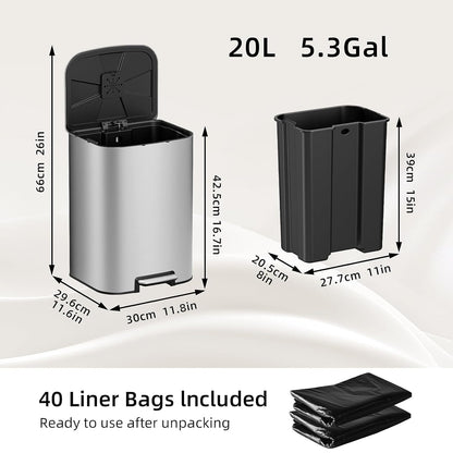 KUK 5.3 Gallon Kitchen Trash Can with Lid, Heavy Duty Hands-Free Stainless Steel Commercial Step Trash Bin with Removable Inner Bucket, Pedal Rubbish Bin for Home Office and Kitchen, 20L/5.3Gal