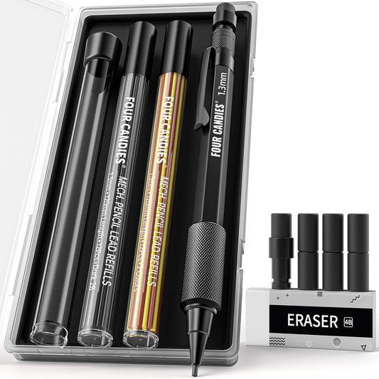 Four Candies 1.3mm Mechanical Pencil Set with 24 Lead Refills, Metal Weatherproof Heavy Duty Outdoor Carpenter Pencil, Eraser, 6 Eraser Refills for Architect Drafting Woodworking Marking with Case