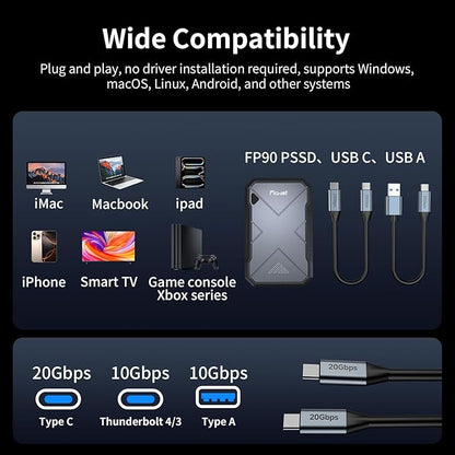 1TB Portable SSD, Up to 2050MB/s, USB 3.2 Gen2 USB-C, IP68 Water & Dust Resistant, Shockproof, External Solid State Drive for Smart TV, Cameras, iPhone 16/15, Windows, Mac and Other Devices (FP90)