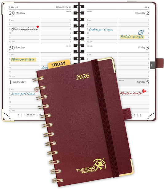 POPRUN 2026 Planner (Pocket Size 4''x 6.25'' Wire-Bond Hard Cover) Calendar Weekly and Monthly (Jan.2026-Dec.2026) Small Planner with Hourly Time Slots, for Purse, 100 GSM - Burgundy