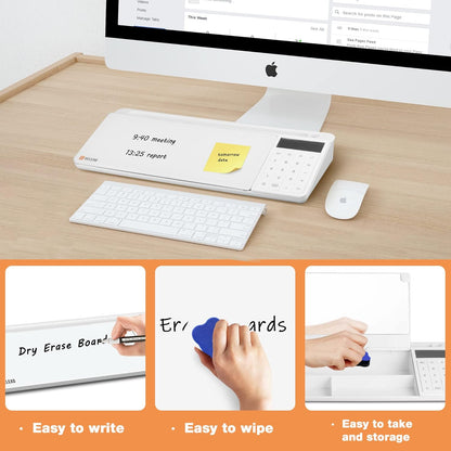 SELEAD Desktop Glass Whiteboard with Calculator & Built-in Mirror, Dry Erase White Board Computer Pad Keyboard Stand with Organizer Drawer, Desk Accessories for Home, School, Office