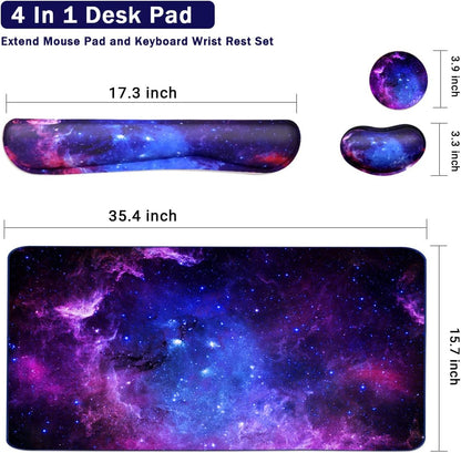Keyboard Mouse Pad Set, Extended Mouse Pad+Keyboard Wrist Rest Support, Memory Foam Ergonomic, 3Pcs (35.4×15.7 in) Desk Pad Set for Home Office Study Game - Galactic