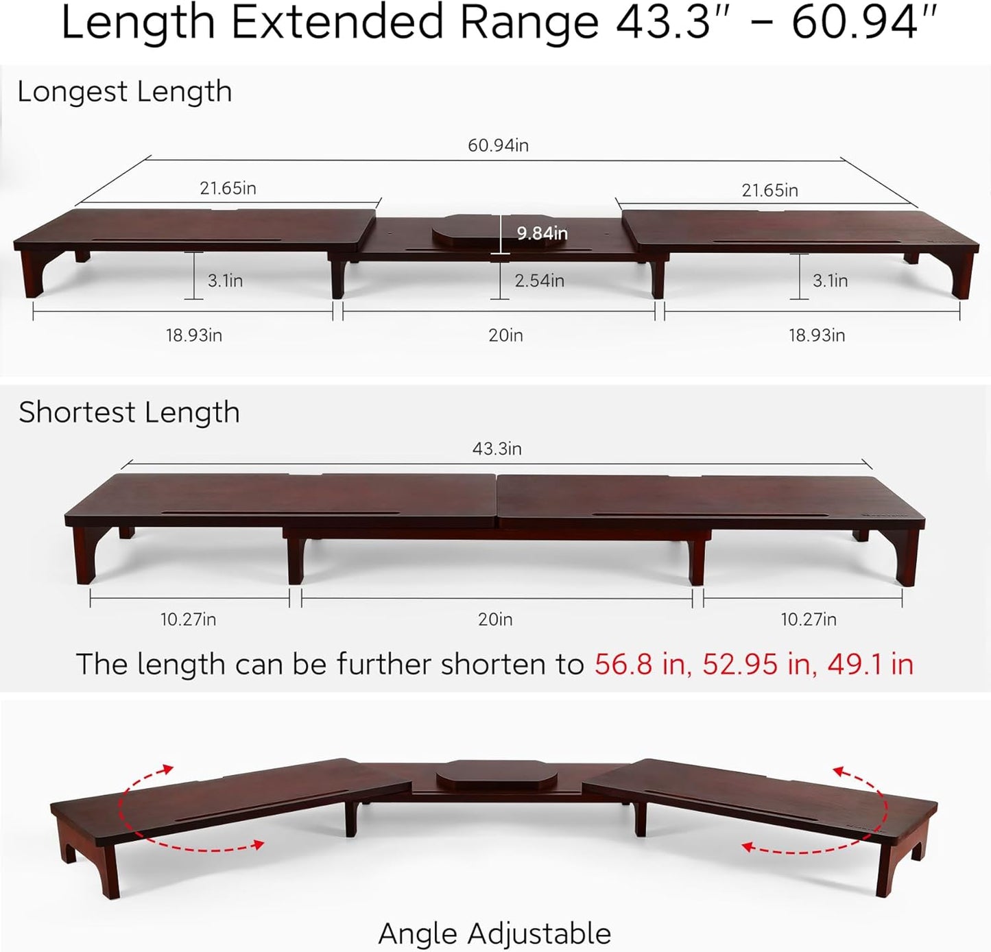 Nnewvante Large Dual Monitor Stand Riser, 60 inch Bamboo Monitor Stand with Adjustable Length and Angle, 3 Shelves Desktop Screen Riser for Computer Laptop PC, Walnut