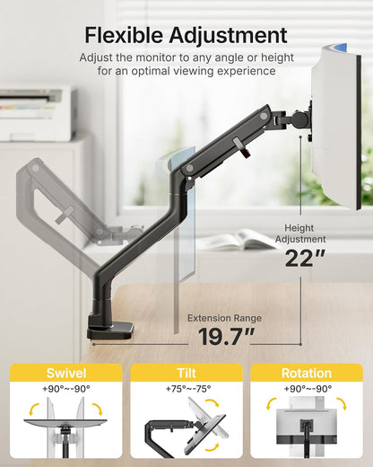 monTEK Single Monitor Arm with USB A/C, Ultrawide Monitor Stand for 17 to 57 Inch Curved Screen, Holds 59.4 lbs, Adjustable Gas Spring Arm, 75/100 VESA Mount, Clamp & Grommet Desk Mount, Black