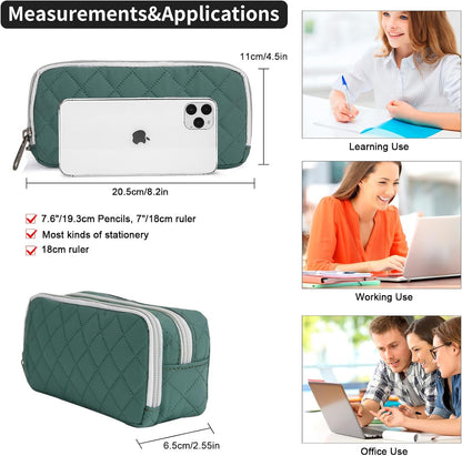 Della Gao Pencil Case Large Capacity Pencil Pouch Soft Quilted Pen Bag Office Stationery Organizer Sturdy Pencil Bag for Men Women - Dark Green
