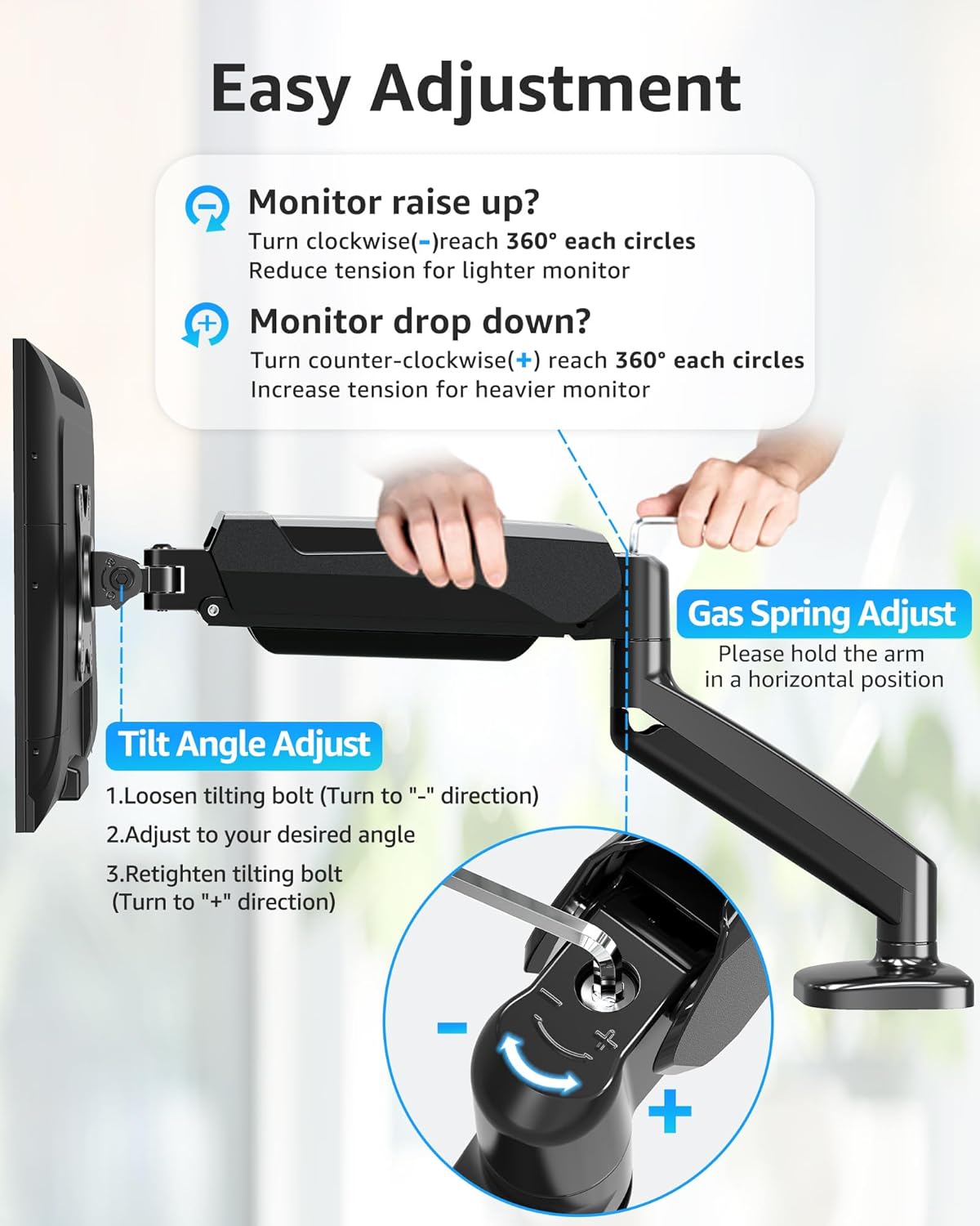 MOUNTUP Single Monitor Desk Mount, Adjustable Gas Spring Monitor Arm Support Max 32 Inch Screen, Computer Monitors Stand with Clamp/Grommet Mounting Base, VESA Mounts Fit 4.4-17.6lbs Computer, Black
