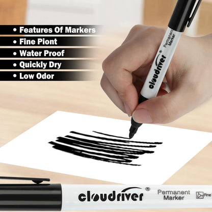 cloudriver Permanent Markers, 148 Pack Black Permanent Markers Set, Fine Point, Bulk Permant Markers Work on Wood, Plastic, Metal, Stone, Glass