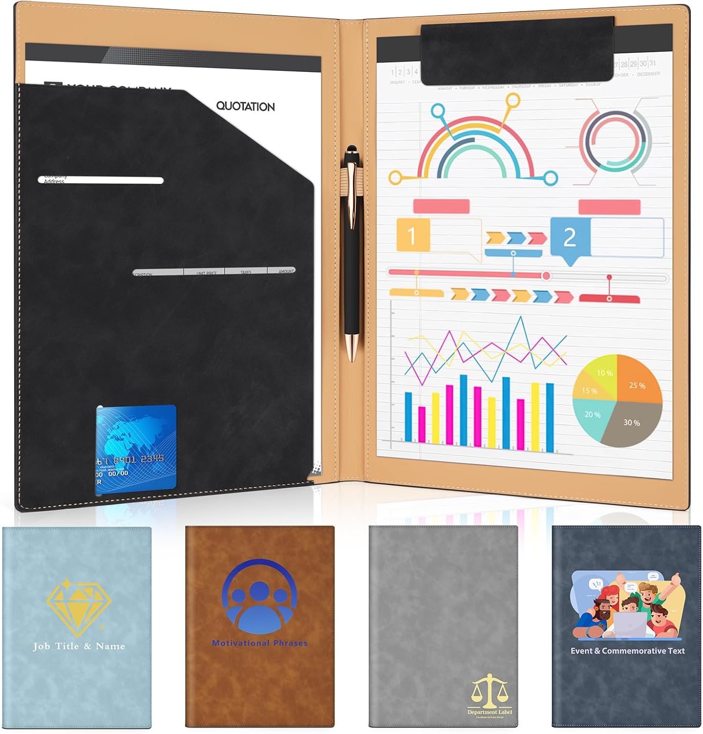 Personalized Padfolio Folder, Leather Custom Portfolio for Men & Women Resumes Office Business, A4 Portfolio Binder for Office College Resumes (Black)