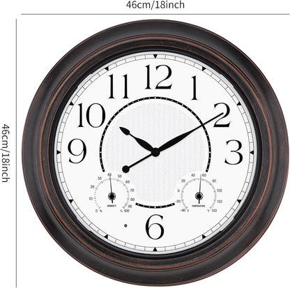 Outdoor Clocks Waterproof 18 Inch, Large Wall Clock with Thermometer & Hygrometer, Illuminated Battery Operated Clock with Smart Sensor for Patio, Pool, Garden, Porch, Living Room