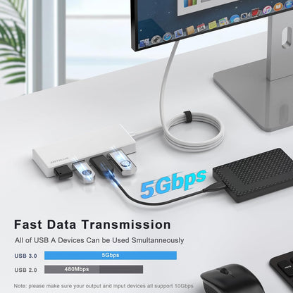 USB Hub, Multiport USB Splitter Adapter, 2 ft Long Cable USB 3.0 Hub, USB Extender for Laptop, PC, iMac, Surface Pro, MacBook, Mac Pro, Flash Drive, XPS, Mouse, HDD【White】