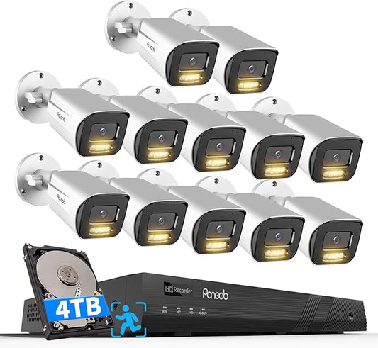 16 Channel Security Camera System 4TB HDD, H.265 12PCS 5MP PoE Commercial IP Bullet Camera, Smart Color Night Vision, 2 Way Audio Talking, AI Human Detection, Remote Access, PB65A1216-5MD