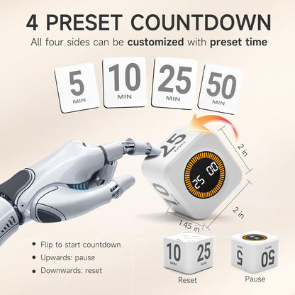 Rotating Productivity Timer 5, 25, 10, 50 Minutes Preset, Desk Cube w/Gravity Sensor for ADHD, Mute Functions, Ideal for Work, Study, Kitchen, Back to School (1, White)