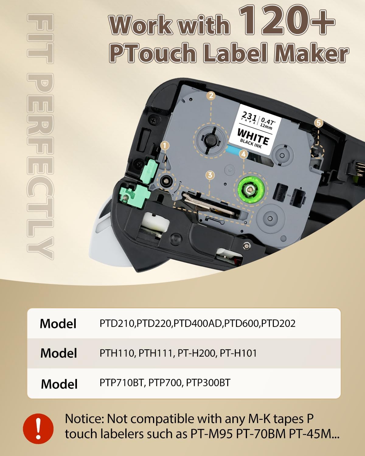 Replace for Brother Label Maker Tape TZe-231 TZe231 12mm 0.47 Laminated White Tz Tape Compatible with P Touch TZe 1/2" Black on White for PT-D220 D210 H110 D200 D400 1280 1880 D610BT Refills, 6-Pack