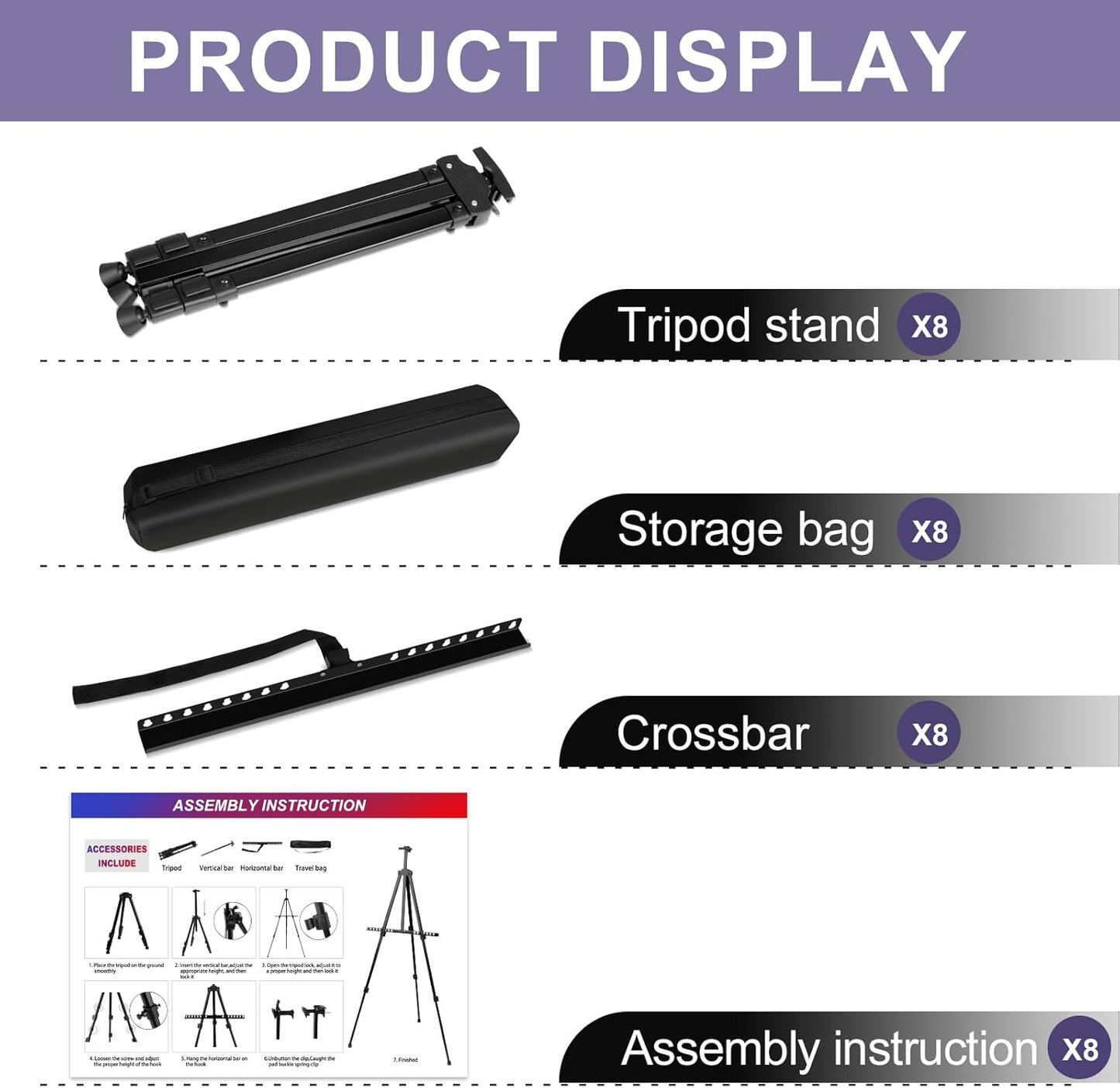 AROIC Art Painting Artist Easel Stand, Painting Display Easel Stand,Portable Adjustable Iron Tripod Display Stand with Bag, Height from 20 to 66 in for Table-Top/Floor Drawing and Displaying(8 Pack)