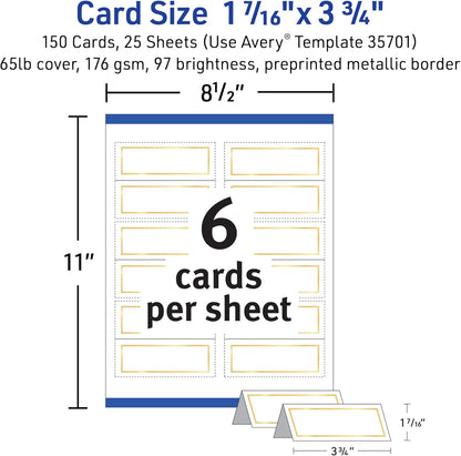 Avery Printable Place Cards with Sure Feed Technology, 1-7/16" x 3-3/4", White with Gold Border, 150 Blank Tent Cards for Laser or Inkjet Printers (35701)