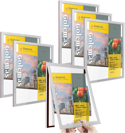 Acrylic Magnetic Sign Holder, Easy-Opening 8.5 x 11 Wall Mount Display Frames, Self Adhesive Back Plastic Clear Document Frame, Horizontal & Vertical Display (Silver, 6Pack)