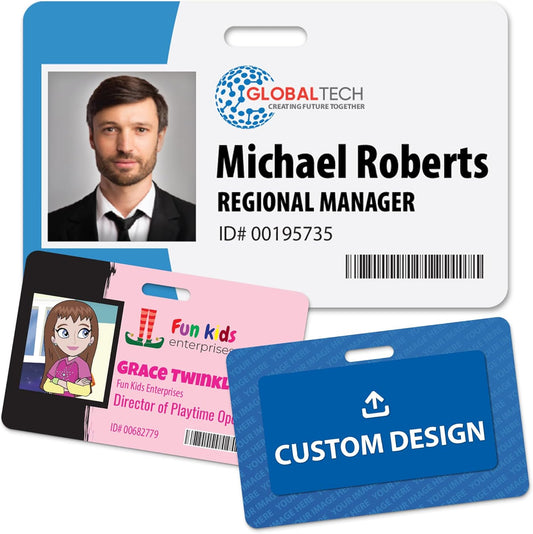 Custom Print Employee ID Badge, Double Sided with Name, Photo, Logo, and Barcode – Unique Photo ID Card Solution (ID Horizontal)